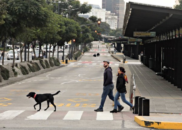 Perro y pareja cruzando avenida 9 de Julio desierta